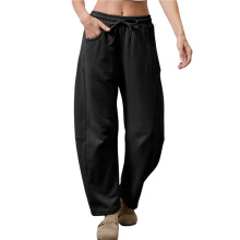 Dames Joggingbroek met Trekkoord, Elastische Taille, Wijde Pijpen, Casual Palazzobroek met Zakken Zwart M