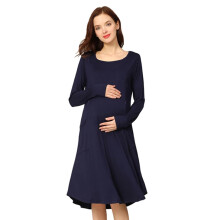 Spring Autumn Long Sleeve Cotton Maternity Dress-Dark Blue S