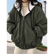 Jack voor Dames, Omkeerbaar, Y2k Ritshoodie, Fleece, Bont, Winterjas, Cutecore, Koreaanse Kleding Legergroen L
