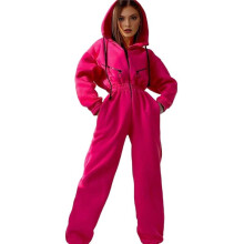 Fleece Jumpsuits voor Dames, Outfits met Capuchon, Hoge Taille Jumpsuit voor Dames Roosrood L