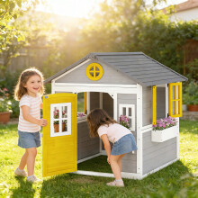 Outsunny Wooden Playhouse with Doors, Windows, Plant Pots for Kids - Grey