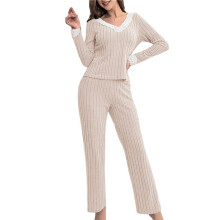 Dames 2-Delige Geribbelde Sets, Kanten Rand, Losse V-Hals, Tops met Lange Mouwen, Rechte Broeken, Sweatsuit-Outfits Crèmewit S