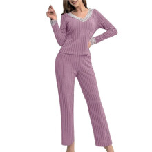 Dames 2-Delige Geribbelde Sets, Kanten Rand, Losse V-Hals, Tops met Lange Mouwen, Rechte Broeken, Sweatsuit-Outfits Roosroze S