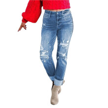 Dames Gescheurde, Middelhoge Boyfriend Jeans met Losse Pasvorm en Versleten, Elastische Denim Broek Blauw XXL