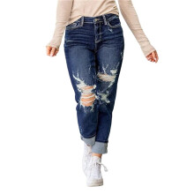 Dames Gescheurde, Middelhoge Boyfriend Jeans met Losse Pasvorm en Versleten, Elastische Denim Broek Donkerblauw M