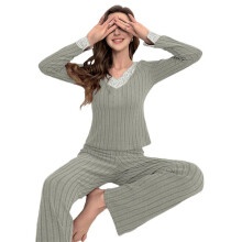 Dames 2-Delige Geribbelde Sets, Kanten Rand, Losse V-Hals, Tops met Lange Mouwen, Rechte Broeken, Sweatsuit-Outfits Bloem Asgroen S