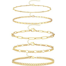 Elegant ankelarmbåndsett for kvinner, justerbare armbånd med hummerlås, 14K gullfylte lagdelte kubanske lenkekjede-ankelkjeder, vanntett,