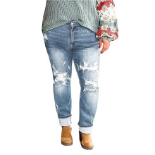 Dames Gescheurde, Middelhoge Boyfriend Jeans met Losse Pasvorm en Versleten, Elastische Denim Broek Lichtblauw XXXL