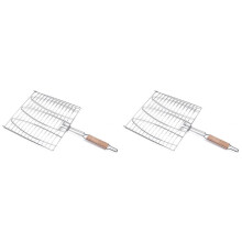 BBQ Fish Grill Net Barbecue Grilling Fish Rack Non-Stick Triple Fish Grilling Basket Wood Handle Barbecue Tool 2 Pcs