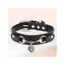 "CP567 Genuine Leather Dog Collar with Rhinestone Heart Charm, Solid D-Ring & Alloy Buckle, Stylish Durable Pet Accessory"