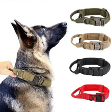 Deago Tactical Dog Collar Military Dog Collar Adjustable Nylon Dog Collar Heavy Duty Metal Buckle with Handle for Dog Training (Khaki, XL)