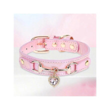 "CP567 Genuine Leather Dog Collar with Rhinestone Heart Charm, Solid D-Ring & Alloy Buckle, Stylish Durable Pet Accessory"