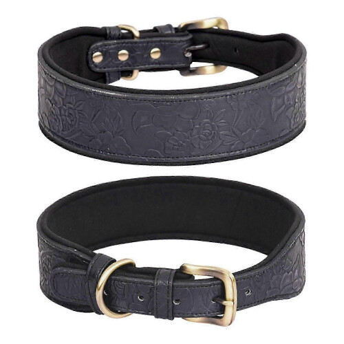 (XL, Black) Leather Dog Collars for Walking Soft Padding Embossed Collars for Medium Large Breeds Pet Training Collar Accessories M