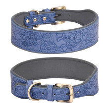 (XL, Blue) Leather Dog Collars for Walking Soft Padding Embossed Collars for Medium Large Breeds Pet Training Collar Accessories M