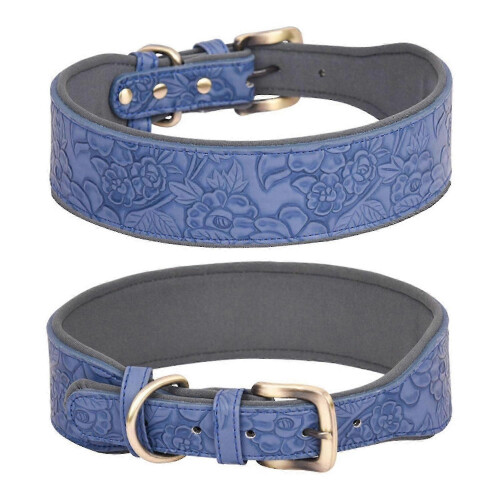 (XL, Blue) Leather Dog Collars for Walking Soft Padding Embossed Collars for Medium Large Breeds Pet Training Collar Accessories M