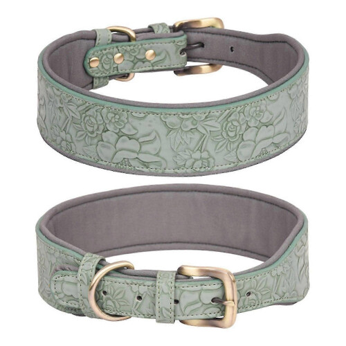(XL, Green) Leather Dog Collars for Walking Soft Padding Embossed Collars for Medium Large Breeds Pet Training Collar Accessories M