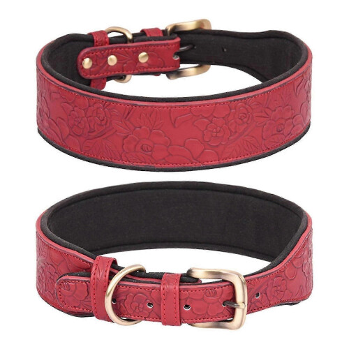 (L, Red) Leather Dog Collars for Walking Soft Padding Embossed Collars for Medium Large Breeds Pet Training Collar Accessories M