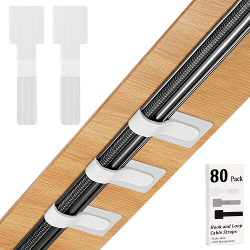 80PCS Hook and Loop Cable Straps for Under Desk Cable Management, Reusable Self Adhesive White Organizers