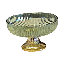 Frugtskål på piedestal i grøn og guld, PS-materiale, 24,5 cm