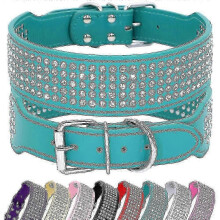 (L Neck 43-50cm, Green) 5 Row Rhinestone Pu Leather Dog Collars Diamante Bling For Large Dogs 2.0" Wide