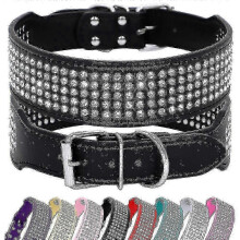 (M Neck 38-46cm, Black) 5 Row Rhinestone Pu Leather Dog Collars Diamante Bling For Large Dogs 2.0" Wide