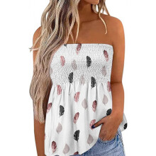 Bandeau-tanktopp for kvinner, smocked stroppeløs bandeau-ermeløs skjorte med blomstermotiv, pustende, hudvennlig stoff med rynkete tubetopper