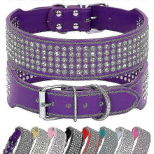 (L Neck 43-50cm, Purple) 5 Row Rhinestone Pu Leather Dog Collars Diamante Bling For Large Dogs 2.0" Wide