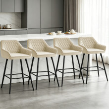 (4pcs, BEIGE(Velvet)) Set of 4 Bar Stools Velvet Padded Seat&Armrest Metal Legs Breakfast Chair
