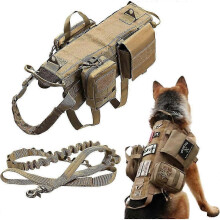 (M-15-60g, khaki) Tactical Dog Vest Harness Heavy Duty Dog Harness with 3 MOLLE Bags&1 Bungee Leash