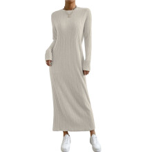Damen Pullover Maxikleid Langarm Strick Gerippt Rundhals Slim Fit Casaul Herbst Lange Kleider Khaki L