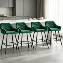 (4pcs, GREEN(Velvet)) Set of 4 Bar Stools Velvet Padded Seat&Armrest Metal Legs Breakfast Chair