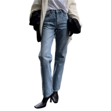 Jeans voor Dames, Wijde Pijpen, Baggy Hoge Taille, Boyfriend Jeans, Rechte Pijpen, Elastische Denim Broek, Trendy Herfst Blauw M