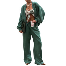 Tweedelige Damessets, Trendy Effenkleurig Vest, Lange Mouwen, Jas en Wijde Broek, Sportkleding, Pakken Groen M