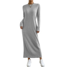 Damen Pullover Maxikleid Langarm Strick Gerippt Rundhals Slim Fit Casaul Herbst Lange Kleider Grau XL