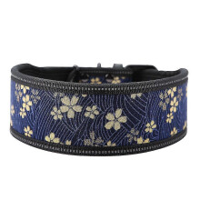 Nylon Adjustable Reflective Buckle Dog Collar with Soft Padding Navy Blue Flowers L