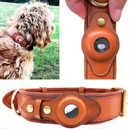 (M, Brown) Leather Protective Cover for AirTag TrackerDog CollarLocation Anti-Loss Collar