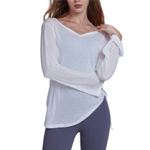 Dames Lange Mouwen V-Hals Cover- Losse Casual Heupbedekkende Geplooide Trekkoord T-Shirt Herfst Yogakleding Wit XL