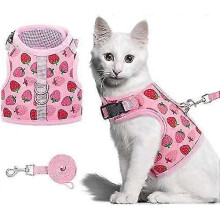 Strawberry Cat Harness And Lead Set- Escape Proof Adjustable Cute Kitty Puppy Floral Mesh Vest Harness for Walking, Pink