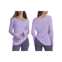 Dames Lange Mouwen V-Hals Cover- Losse Casual Heupbedekkende Geplooide Trekkoord T-Shirt Herfst Yogakleding Paars L