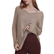 Dames Lange Mouwen V-Hals Cover- Losse Casual Heupbedekkende Geplooide Trekkoord T-Shirt Herfst Yogakleding Kaki Bruin M