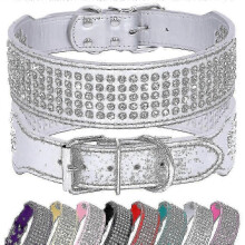 (L Neck 43-50cm, Silver) 5 Row Rhinestone Pu Leather Dog Collars Diamante Bling For Large Dogs 2.0" Wide