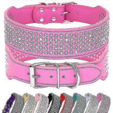 (S Neck 33-41cm, Hot Pink) 5 Row Rhinestone Pu Leather Dog Collars Diamante Bling For Large Dogs 2.0" Wide