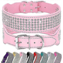 (XL Neck 48-55cm, Pink) 5 Row Rhinestone Pu Leather Dog Collars Diamante Bling For Large Dogs 2.0" Wide