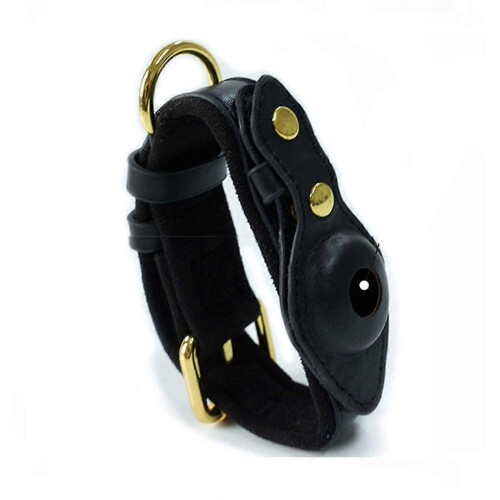 (M, Black) Leather Protective Cover for AirTag TrackerDog CollarLocation Anti-Loss Collar