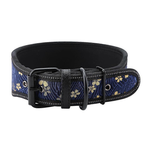 Nylon Adjustable Reflective Buckle Dog Collar with Soft Padding Navy Blue  Flowers L 1
