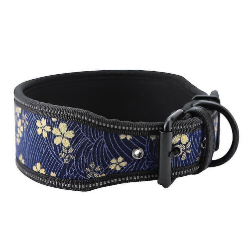 Nylon Adjustable Reflective Buckle Dog Collar with Soft Padding Navy Blue  Flowers L 2
