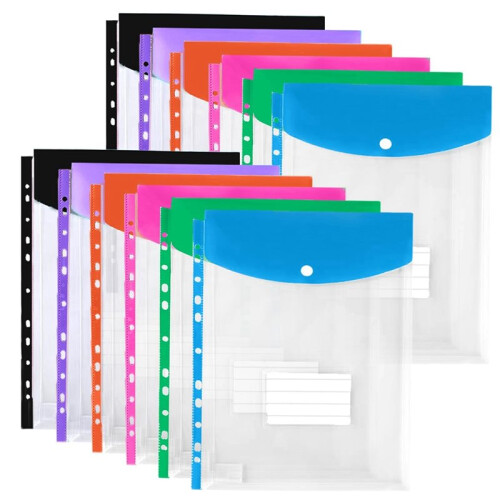 60Pack Plastic Envelopes, Binder Pockets for 3/4/11 Ring Binder,Expandable Document Organizer with Snap Button and Label 1