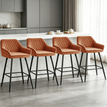 (4pcs, ORANGE(Velvet)) Set of 4 Bar Stools Velvet Padded Seat&Armrest Metal Legs Breakfast Chair