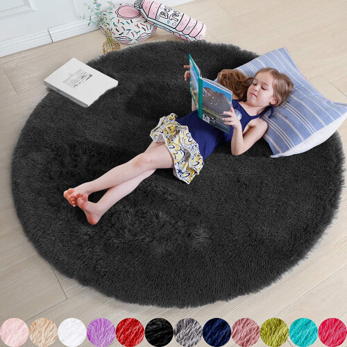 Rund fluffig matta 120 cm, gummibaksida