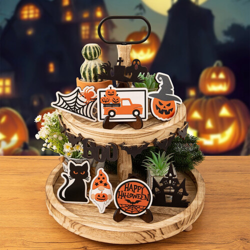 Conjunto de enfeites de madeira para bandeja de abóbora e morcego de Halloween